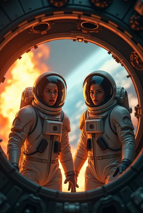 we can see a female astronaut and a male astronaut faces without helmets standing and at the main gate of a spaceship and looking terrified at us due to fire on one side of spacecraft and the spacecraft continuously falling towards the earth 