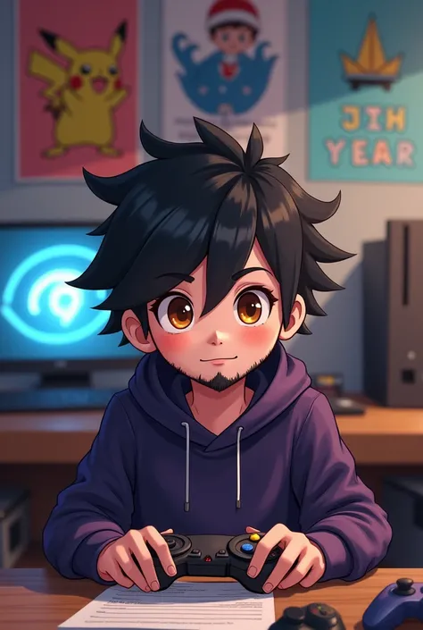 Boy with somewhat unkempt black hair and a trimmed beard with dark purple clothes, somewhat chubby and brown eyes and the image has gamer touches in the background such as Pokémon and anime posters in the room and video games 
