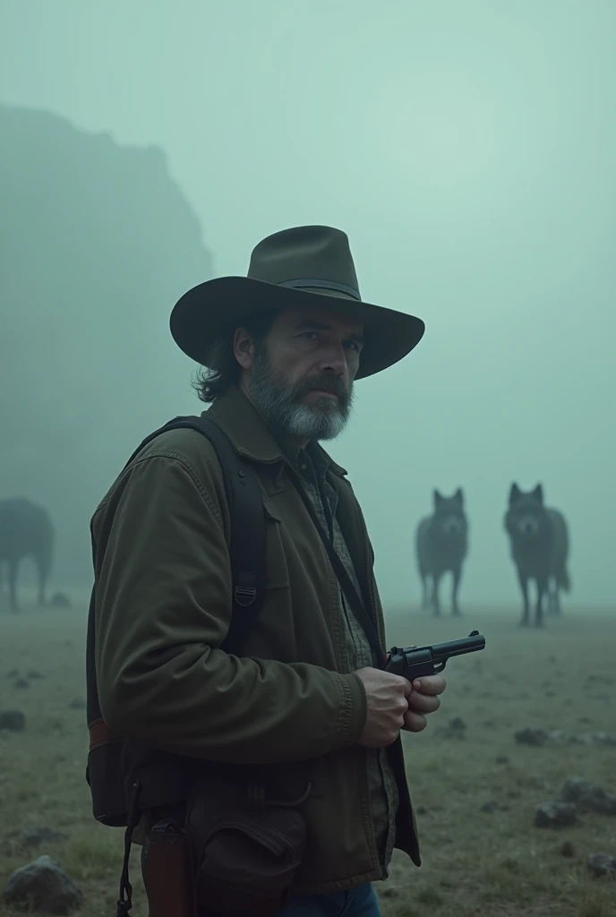 A panicked cowboy watches from afar as the mist from Lake Espantosa lifts and shadows of wolves appear on the horizon. 