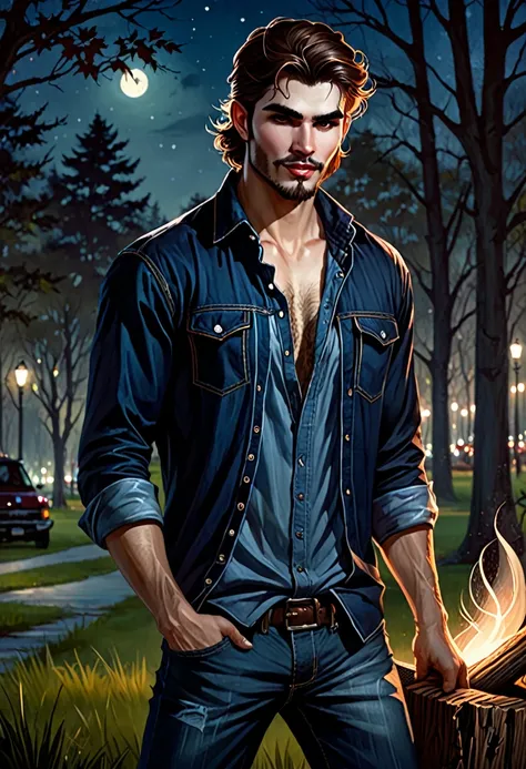 (good quality), (many details), (masterpiece), style of Charlie Bowater, man, vampire, fangs, open lumberjack shirt, strong chest hair, lumberjack cap, jeans, wild brown hair, hands that are like claws, in the park at night 