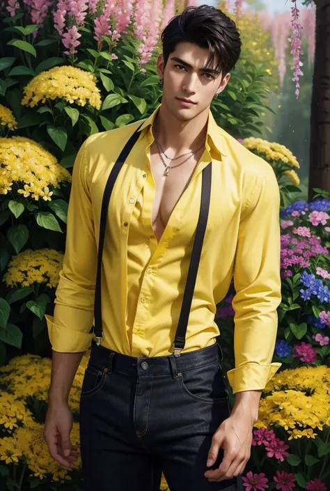 oil painting of a tall handsome muscular young man with a chiseled physique standing in a lush, blooming meadow during springtim...