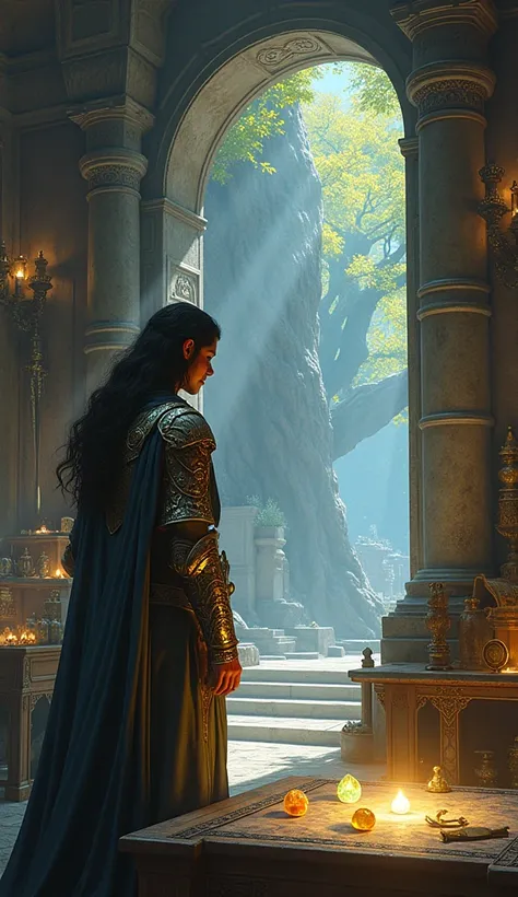 feanor, an elf warrior in royal gold and silver armor, black haired, He is standing diagonally looking very closely and amazed at the 3 small magic stones., its colors are blue, yellow and green, These stones are on a table with a lot of magical light and ...