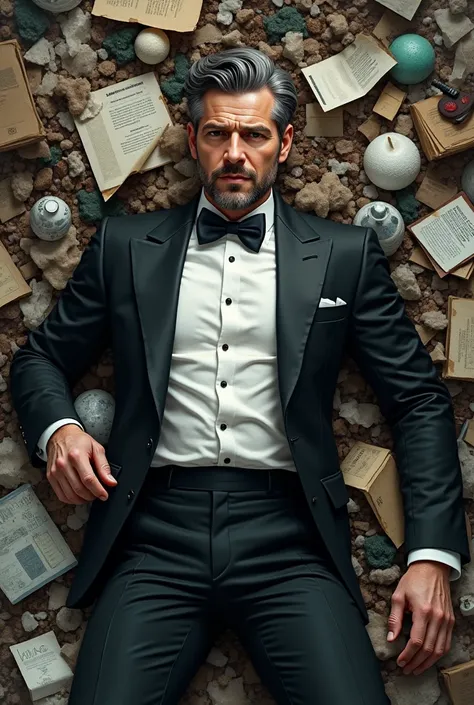 Generates the image of a handsome man, white, with beard, short hair and back, tuxedo dress, thrown in the trash