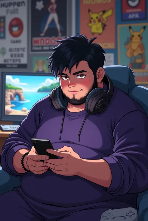 Boy with somewhat unkempt black hair and a trimmed beard with dark purple clothes, somewhat chubby and brown eyes and the image has gamer touches in the background such as Pokémon and anime posters in the room and video games and he is playing with a cell ...