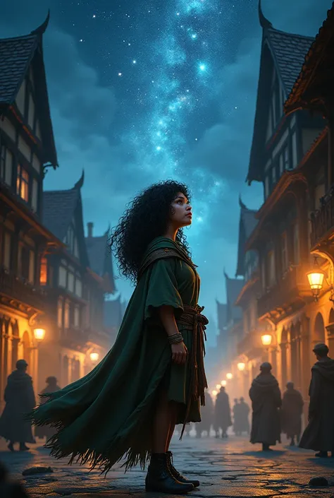 female hobbit with black curly hair and reddish brown eyes. druidin. medieval fantasy. night in the city, stars, cosmos. dungeons and dragons charakter. slightly overweight