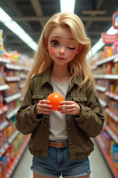 young white American adult with long hair, blonde, light brown eyes, 4k ultra realistic in the aisle of a market in the candy and gum and nonsense section making a ball with the gum wearing a jacket and denim shorts hands moving a lock of hair and making a...