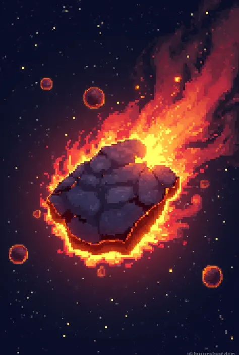 A sprite of a burning rock in the sky in pixels.
