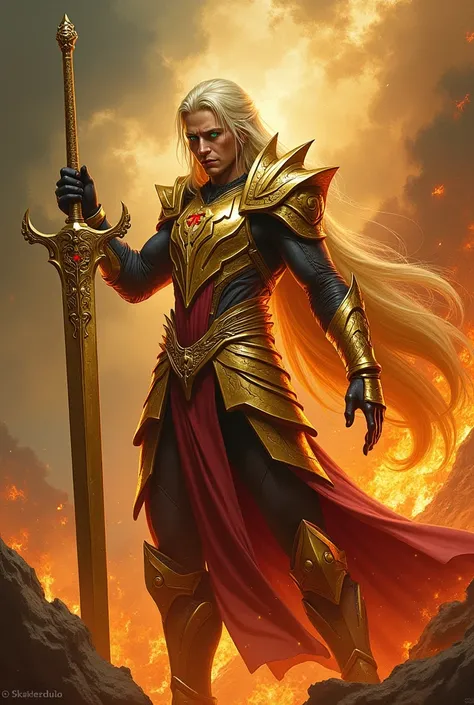 Long haired blond man with bright green eyes, with red lines on the chin , with gold armor with phoenix design, with a huge golden sword , fire storm on back in combat pose, black colored fabrics , armor with golden feather spikes, red letter in the painti...