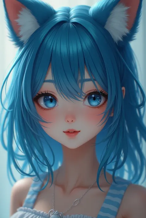 1 girl, Looking at the viewer, High resolution, Exactly, best quality, High details, HD model, textured skin, super detailed, length hair, Blue hair, breasts, fox ears, blushing, blue eyes, saliva, Make-up, smile, 