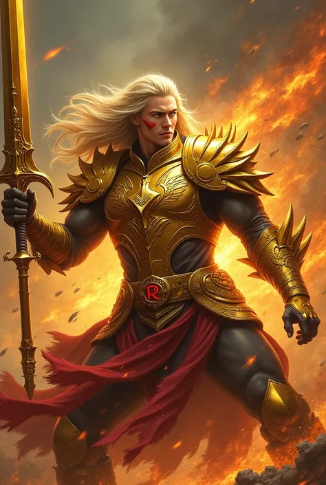 Long haired blond man with bright green eyes, with red lines on the chin , with gold armor with phoenix design, with a huge golden sword , fire storm on back in combat pose, black colored fabrics , armor with golden feather spikes, red letter in the painti...