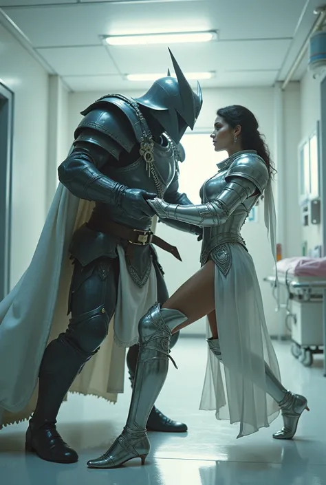 in a hospital a warrior with his scary aura grabbing a white paladin woman in armor and short hair from the back by the leg 