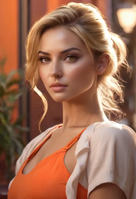 A woman, she is wearing a short, one-strap jumpsuit in a bright orange color. She has feminine brown eyes, light, lightly tanned and detailed skin. She has a beautiful bust, long blonde hair tied in two loose ponytails on the sides of both shoulders. She h...