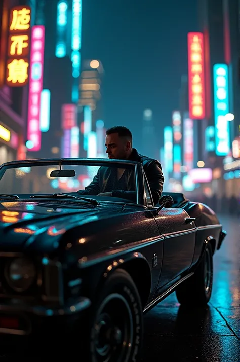 Stylish man in a black baseball jacket sitting in a black 67 impala, on the street of a futuristic city at night, illuminated by the lights of the buildings.