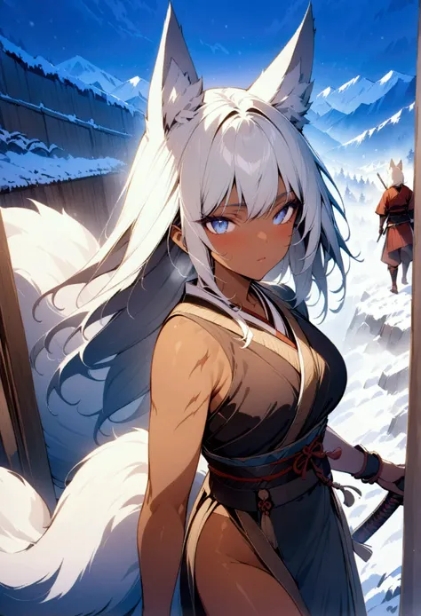 (masterpiece:1.2), best quality, high resolution, wallpaper, (illustration:1.0), beautiful detailed, extremely detailed, perfect lighting, female, masculine body, white long hair, blue eyes, scars, kitsune, warrior, general, Fox ears, tan skin, in snowy la...