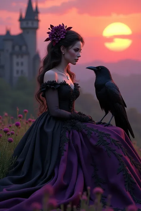 Woman in a purple and black dress sitting next to a black raven, cgsociety winner, gothic art, mysticism, floral couture, Victorian era, dark princess portrait, Vogue editorial, gorgeous boho sunset background, gothic castle background, detailed dress and ...