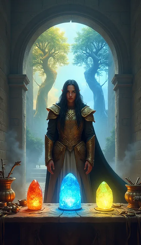 feanor, an elf warrior in royal gold and silver armor, black haired, He is standing diagonally in front looking very closely and amazed at the 3 small magic stones., its colors are blue, yellow and green, These stones are on a table with a lot of magical l...