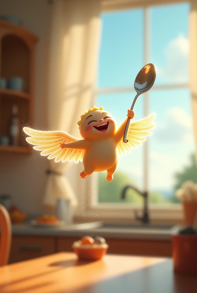 Little spoon so cheerful, flying through the air,”
	•	Description: A joyful, smiling spoon with delicate wings flying gracefully through the air above a kitchen table, leaving a trail of sparkles behind it.