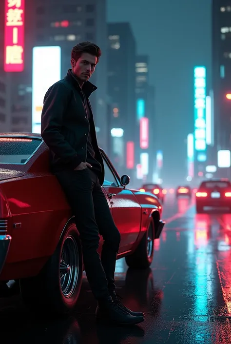 Stylish man in a black baseball jacket leaning against a black 67 impala, on the street of a futuristic city at night seen from afar and illuminated by the lights of the buildings.