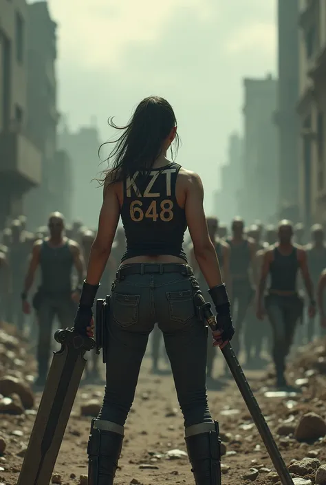 Background with zombies, Back view of a sexy female warrior wearing a tank top with KZT 648 written on it and holding a large sword