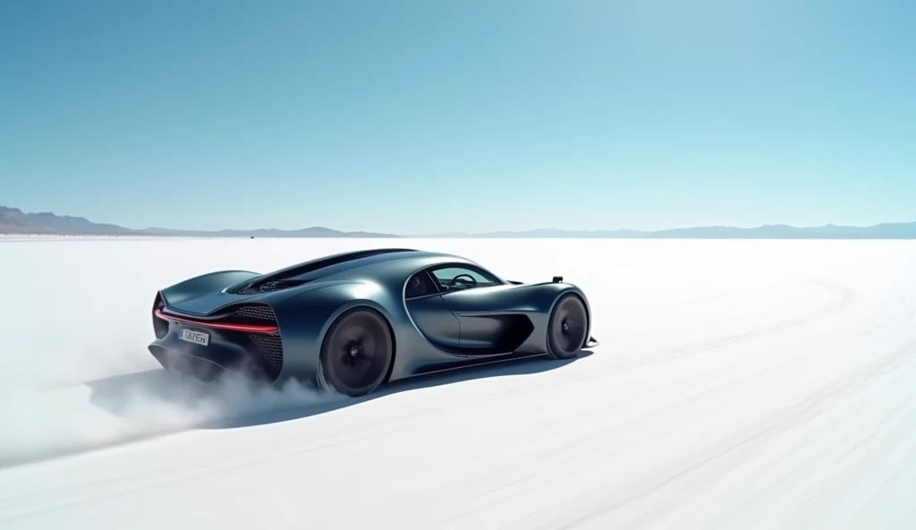 "The Bugatti Bolide on a salt flat, racing against the horizon under a clear blue sky. The car is captured mid-motion, slightly blurred to convey extreme speed, with a faint dust trail behind. In the background, endless salt flats stretch to the horizon. T...