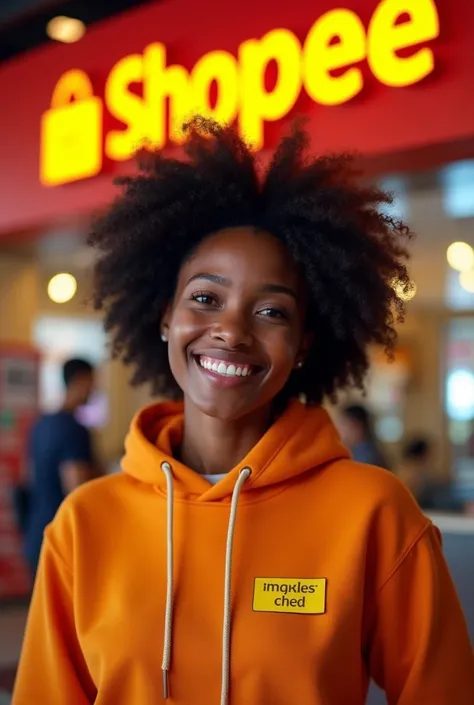 A happy black adult with the Shopee logo in the background