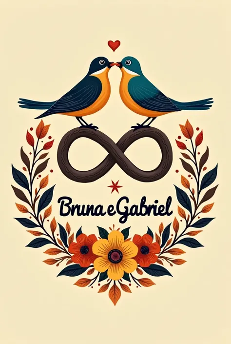 Logo for engagement with names "BRUNA E GABRIEL" In Portuguese Brazil, with the infinity symbol and two little birds on top.