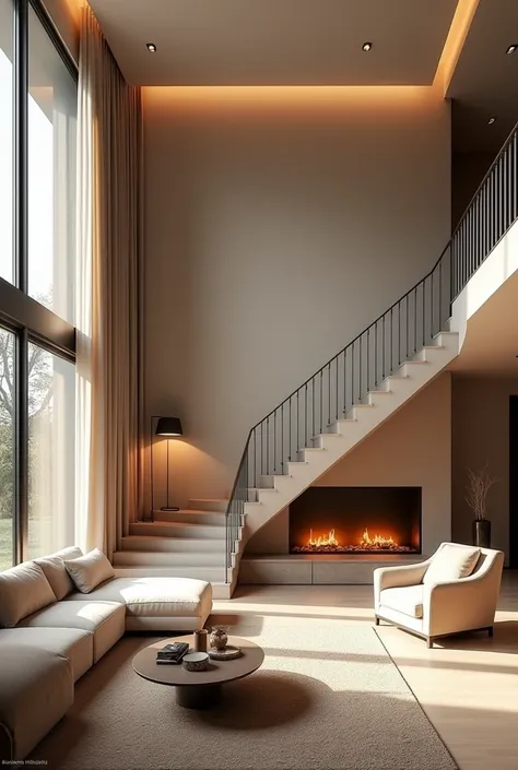 high resolution photography interior design, stairs, main stage, modern design, high ceiling, cozy atmosphere, Living room, fireplace, floor lamp, glass table, beige carpet, photorealistic, color example, rall design, coating example