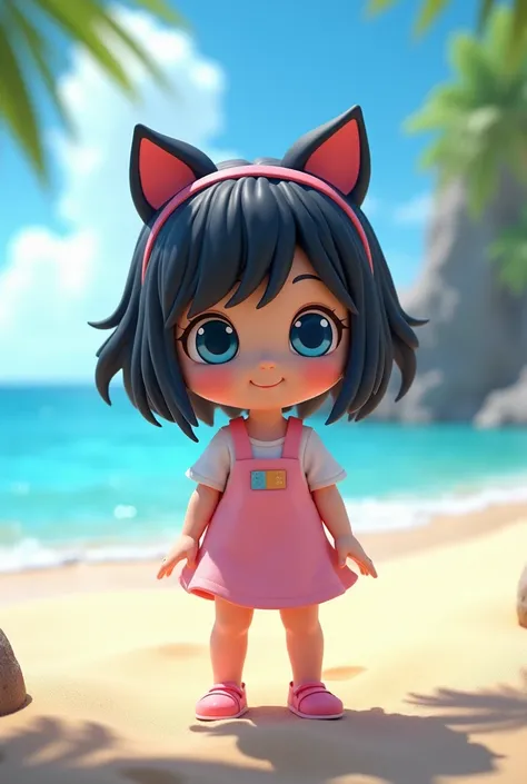 Cute 3D black hair girl with blue eyes wearing cat ears and on cute outfit standing in the beach