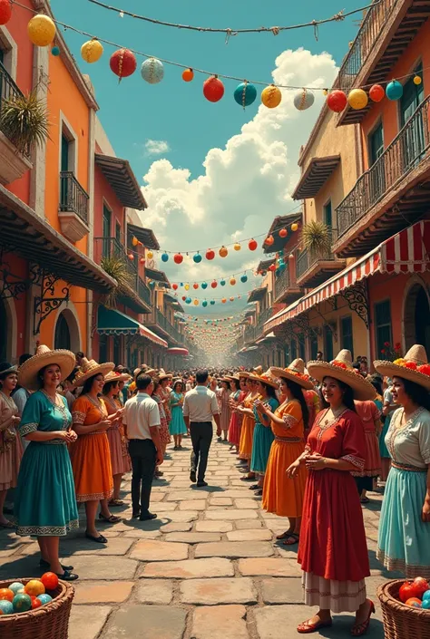 Vibrant and festive scene that captures the essence of a unique cultural celebration in an urban setting. Includes characters in traditional costumes, participating in various festive activities and popular games. The image should reflect a festivity that ...