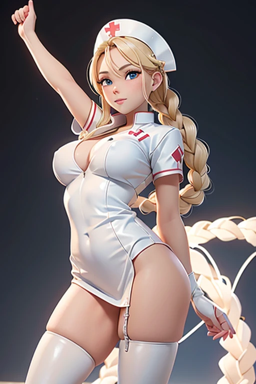 1girl, Blonde braided hair, Warrior, dressed in Glossy White Leather, also shes a Nurse, on the battle field. gigantic breasts, full body shot from below