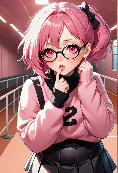 I&#39;m , I&#39;m throwing a kiss with my hand, closing one eye, pink hair, black glasses, pink eyes, an extremely blushed, big pink sweater, a short skirt, black socks, white tennis shoes, and that she&#39;s a reserved girl.