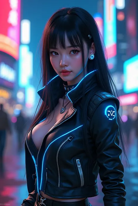 A stunning young Asian girl with a delicate, beautiful face and long, sleek black hair. She is dressed in a futuristic cyberpunk outfit featuring a high-tech leather jacket with neon blue accents, fingerless gloves, and holographic accessories. The backgro...