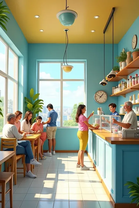 Light blue and yellow ice cream shop interior

