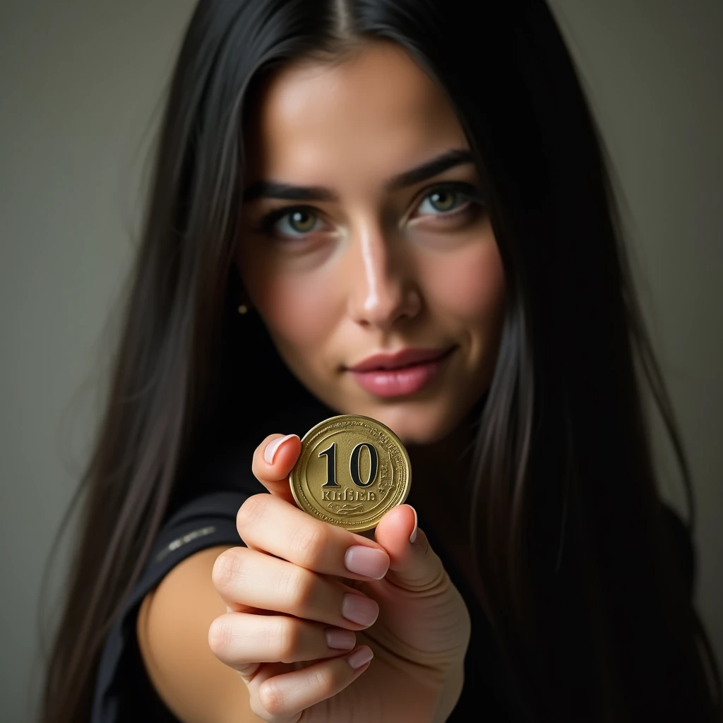 beautiful woman 2 shows coin to camera (Russian 10 rubles), girl holds coin with thumb and index finger on outstretched hand, long black straight hair