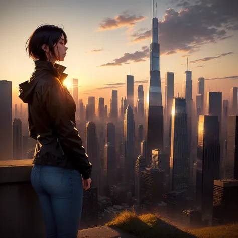 A person with short, tousled hair sits on a grassy cliff, facing away from the camera, watching the sunset over a vast, urban landscape. The person wears a dark jacket and jeans, creating a silhouette against the warm, golden hues of the sky. The cityscape...