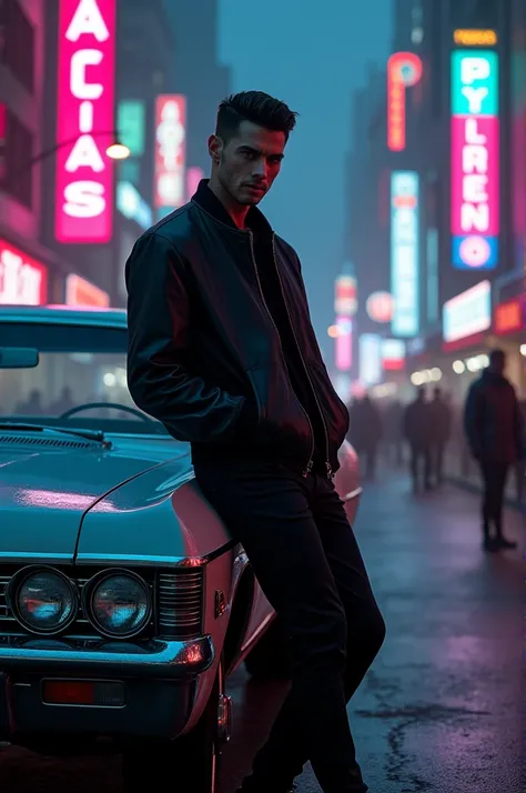 Stylish man in a black baseball jacket leaning against a black 67 Impala, on the street of a futuristic city at night, seen from afar and illuminated by the lights of the buildings and zombies in the background