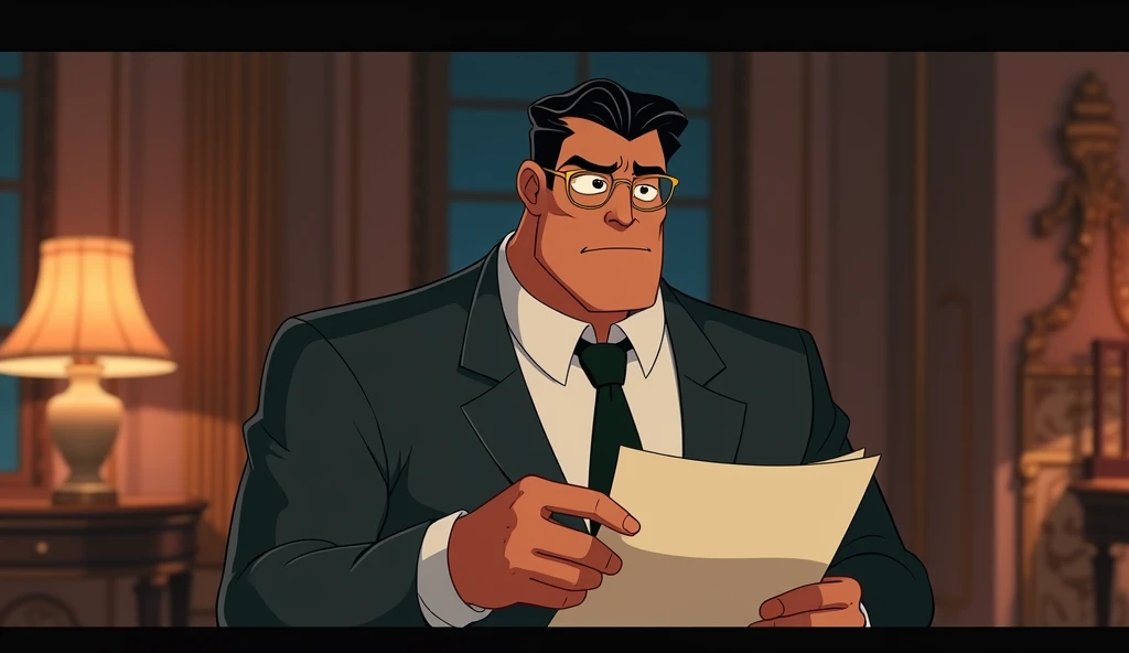 AlexAppearance: A stern man in his mid-30s with tan skin and short, neatly combed black hair. He has a strong, slightly bulky build and wears gold-rimmed glasses that add to his serious demeanor.Outfit: A formal dark gray suit, a white dress shirt, and a b...