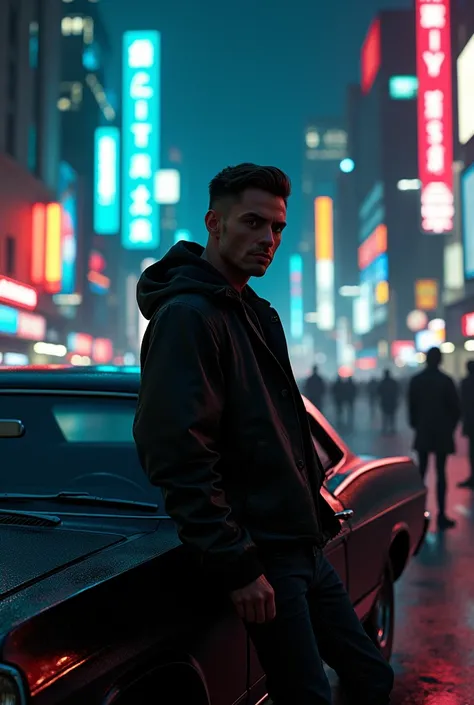 Stylish man in a black baseball jacket from the back, leaning against a black 67 Impala, on the street of a futuristic city at night, seen from afar and illuminated by the lights of the buildings and zombies in the background