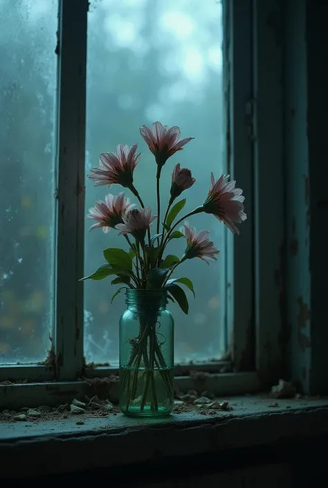 Old wilted flowers forgotten on a window, melancholy, bluer tones