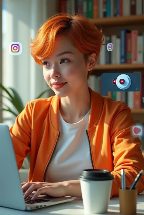 masterpiece, realistic, photorealistic, RAW photo, best quality, beautiful details, realistic lighting, sharp focus, depth of field, 
solo: 1.4, full body, beautiful details, beautiful 20 year old girl, very short cut hair, orange bomber, white t-shirt, de...