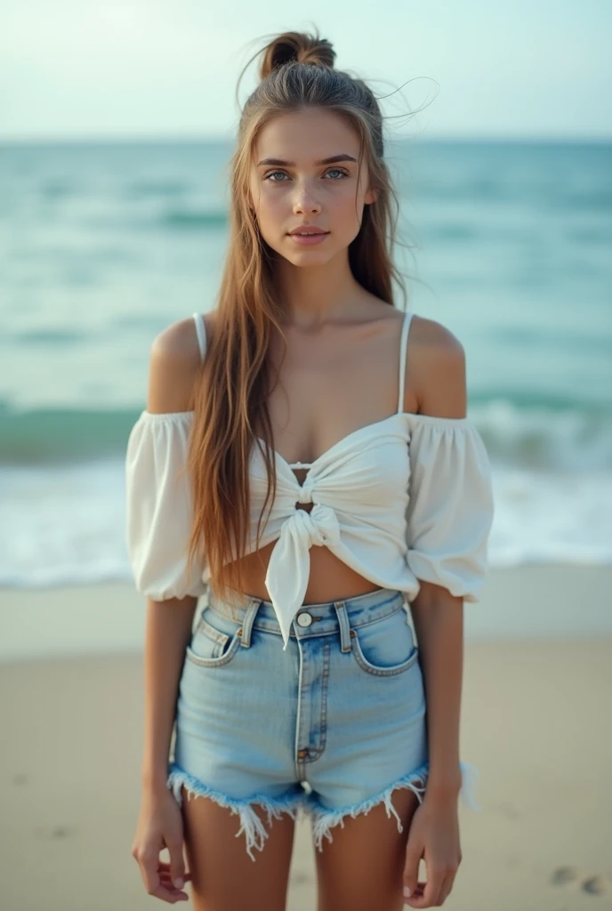 une fille, Solo, Yeux bleus, Cheveux attacher marron, Fond a la plage, Photoréalisme, Réalisme Social, Réalisme, Sourire Léger, De Haut En Bas, vue du corps entier, Photo macro, 