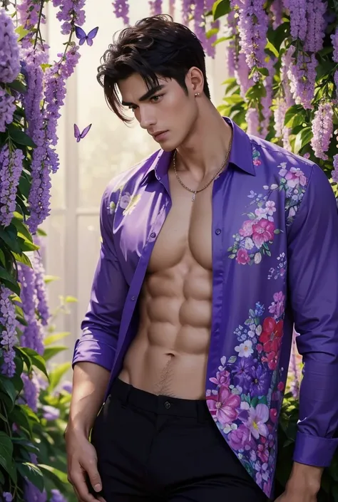 Oil painting of a tall handsome muscular young man with a chiseled physique standing in a lush, blooming meadow during springtime, solo, perfect facial features, smooth skin, sexy gaze, looking at the viewers romantically, sexy expression, sexy posture, sh...