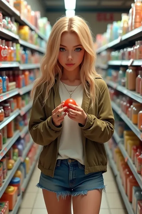 young white American adult with long hair, blonde, light brown eyes, 4k ultra realistic in the aisle of a market in the candy and gum and nonsense section making a ball with the gum wearing a jacket and denim shorts hands moving a lock of hair and making a...