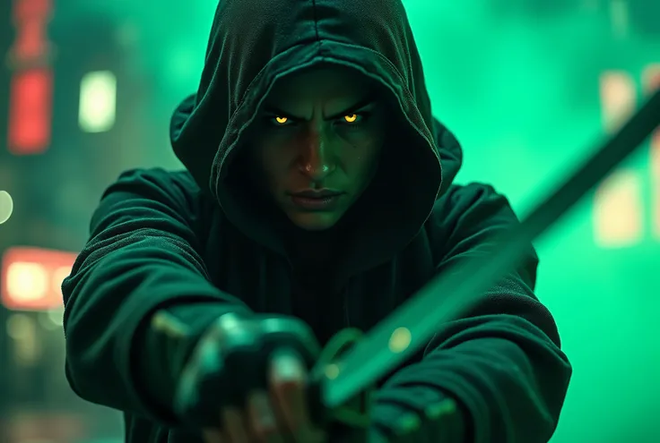 Closeup portrait, 1 assassin hooded with katana and clear face view and glowing eyes, action cinematic colors, green smoke, night city, abstract art, 8K resolution quantitative analysis control, 4K rendered by octane, enhanced image productivity, glamorous...