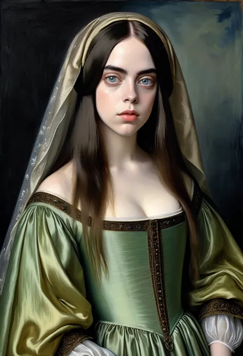 15 century, Billie Eilish, The allegory of vanity, ORTODOX ((in the style of Bernardino Luini!!!)) elegant Renaissance gown), The dark Renaissance, (fog, very scuffing), ((palette/oil painting palette knife)), ((masterpiece)), single shot, impression:1.2, ...