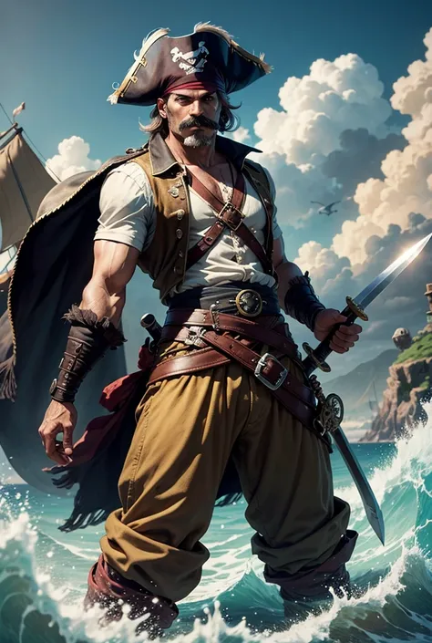 Pirate on an island with a mustache, 40 years old and angry, with a long sword on his waist 