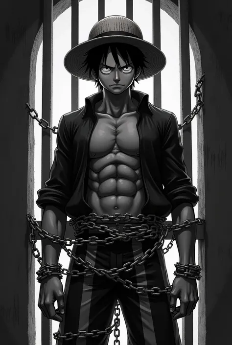 Monkey D. Luffy in prison, Black and white horizontal striped jumpsuit with chained body Original anime One Piece 