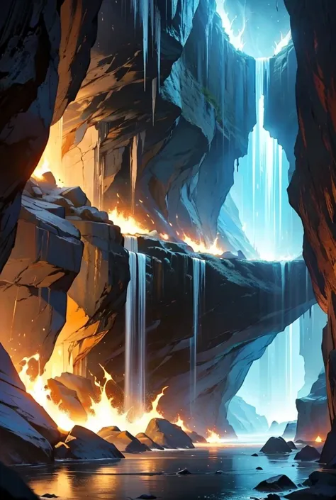 (Artistic style) zoom in on the wall of a dark cave, with some white rock art, the cave wall is illuminated by a light and sparks from a fire to the left of the wall