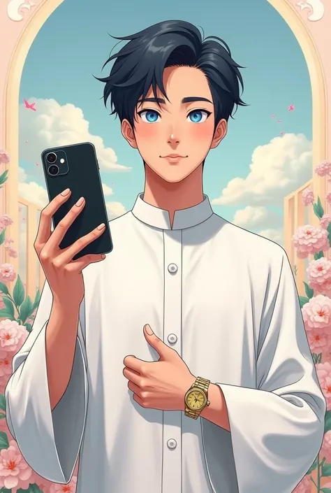 Creat a handsome korian muslim guy, 2, wear white coloured thobe, blue eyes, holding phone in his left hand, wear golden colour rolex watch in his right hand, selfie style look, collage style background, anime style, (create without any mistakes)