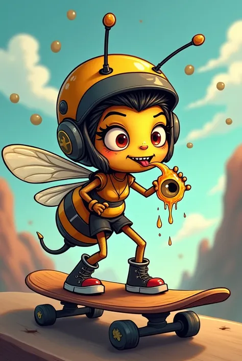 I created a cartoon bee wearing a helmet, she has to be demonic and small and must be on a longboard, she must be licking the eye that is dripping honey in her hand